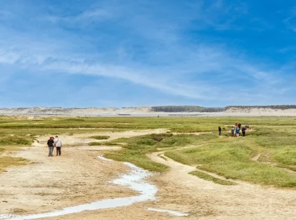Paysage côtier avec des personnes marchant