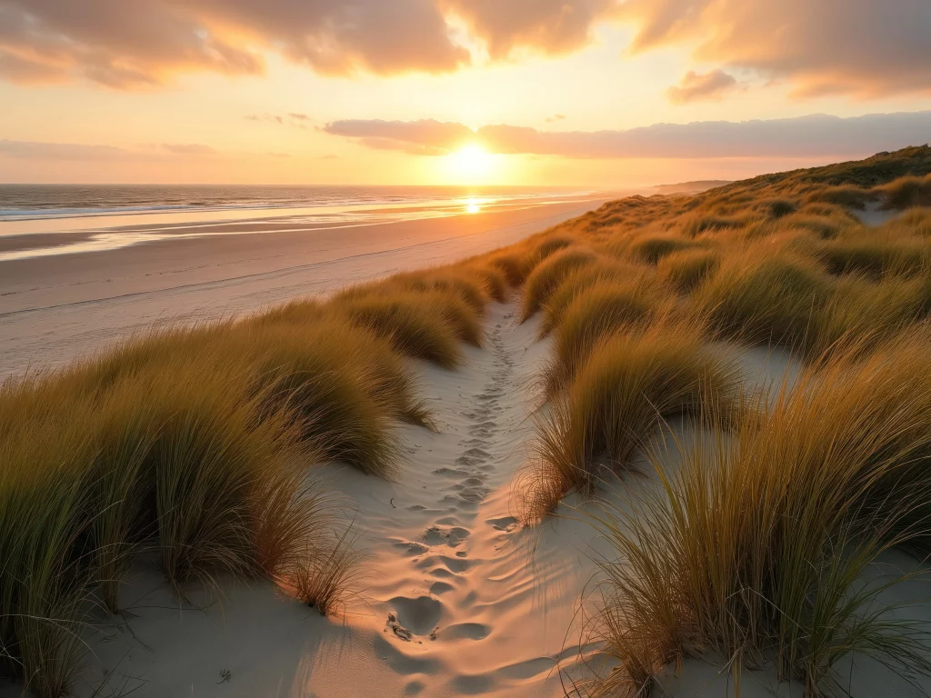 Plage au coucher du soleil avec des herbes.