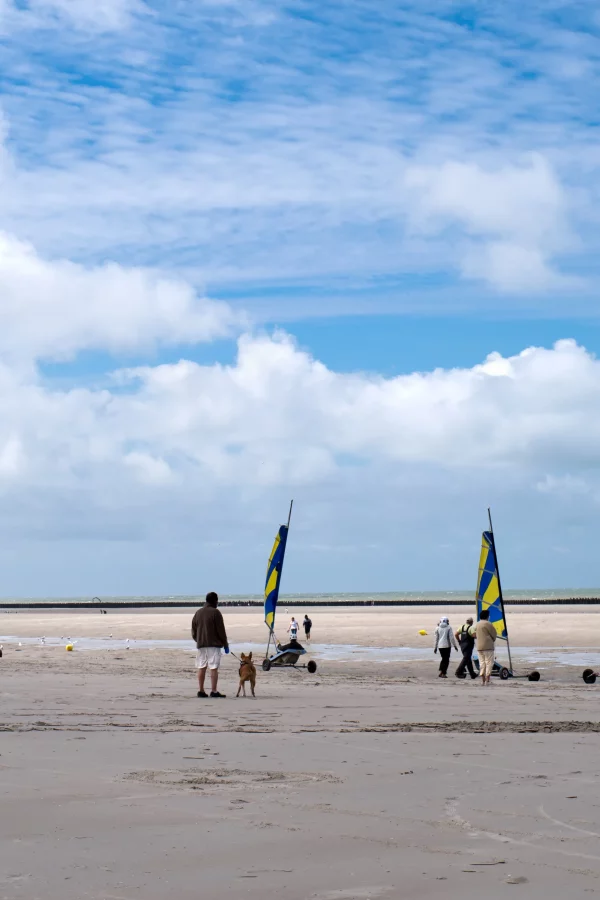 Plage avec chars à voiles et ciel nuageux