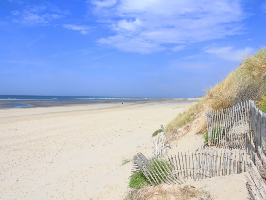 Plage calme avec dunes et ciel bleu.