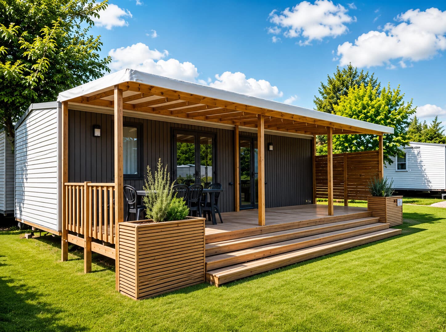 Maison moderne avec terrasse en plein air.